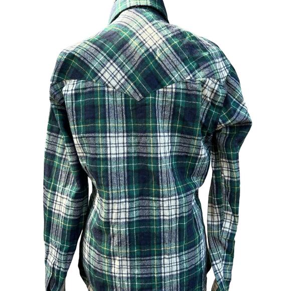 Vintage 1970 Saturdays in California Men Wool Shirt Blue Green Plaid Size Med - Picture 3 of 12